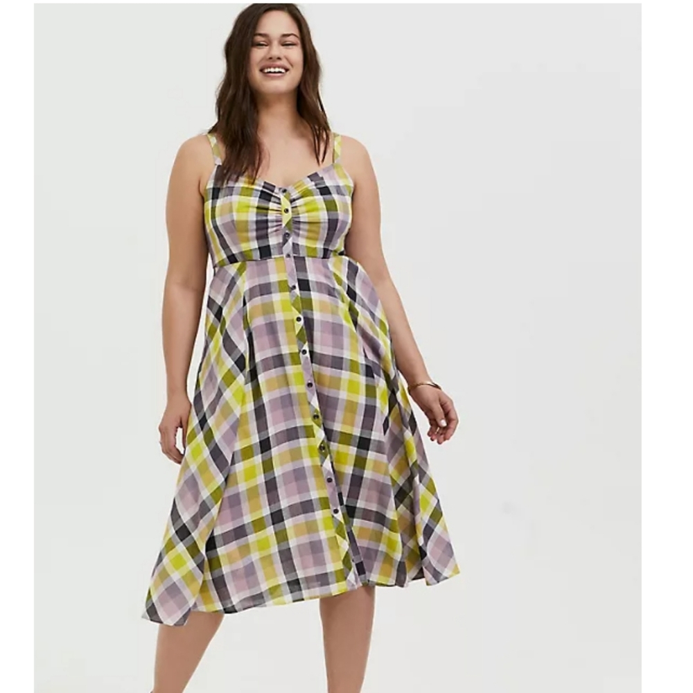 MULTI PLAID CHALLIS BUTTON FRONT MIDI DRESS